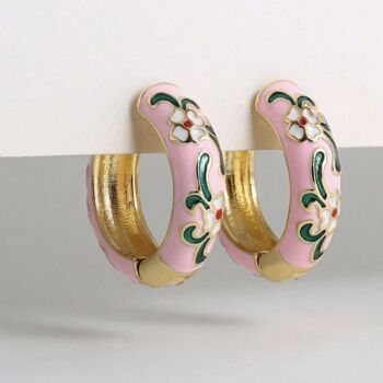 Pink Cloisonné Flower Hoop Earrings, 2 of 4