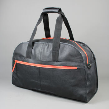 Black Leather Laptop Weekend Bag With Orange Zip, 4 of 9