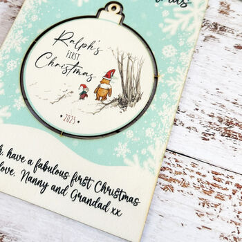 Personalised Pooh Bear Blue First Keepsake Christmas Card, 5 of 6