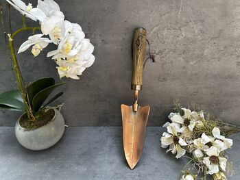 Garden Hand Trowel Steel Copper Blade With Wooden Handle Gift, 7 of 12