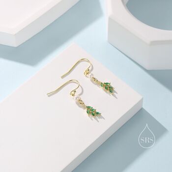 Green Cz Leaf Charm Drop Hook Earrings, 4 of 9