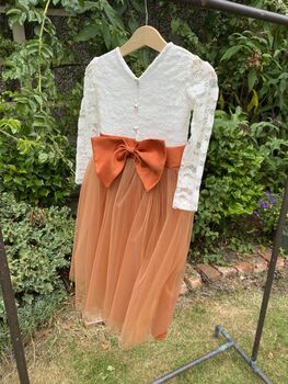 Long Sleeve Lace Burnt Orange Tulle Dress, 7 of 7