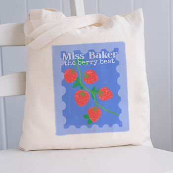 'Strawberry Stamp' Personalised Teacher Tote Bag, 2 of 3