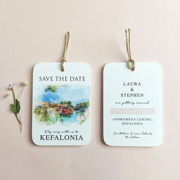 Save The Date Tag With Wedding Destination Illustration, 10 of 12