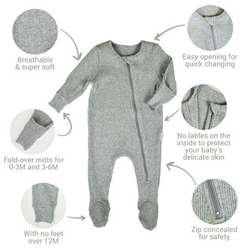 Shortbread Zip Up Baby Sleepsuits Ribbed Cotton, 4 of 7
