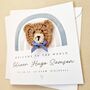 Personalised Blue Rainbow Crochet Bear New Baby Card, thumbnail 2 of 8