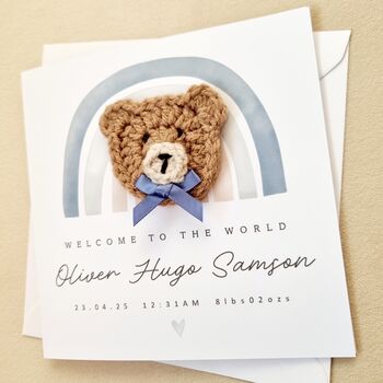 Personalised Blue Rainbow Crochet Bear New Baby Card, 2 of 8