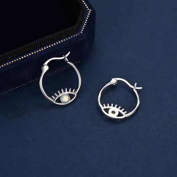 Aqua Green Opal Eye Hoop Earrings In Sterling Silver, 4 of 11