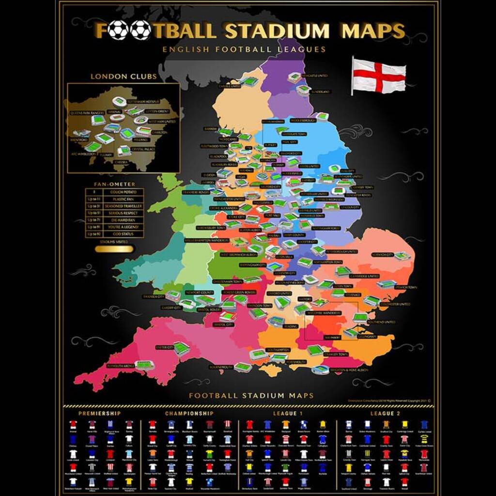 English Football Stadiums Scratch Off Map By Football Stadium Maps