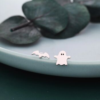 Mismatched Ghost And Bat Stud Earrings In Sterling Silver, 4 of 9
