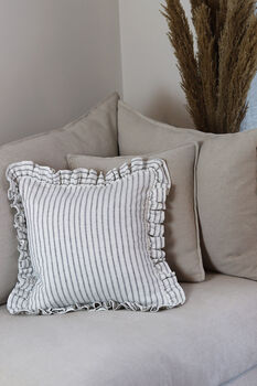 Ivory And Navy Stripe French Linen Frill Ruffle Cushion, 2 of 3