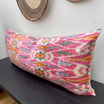 Extra Long Pink Velvet Ikat Lumbar Cushion, 2 of 3