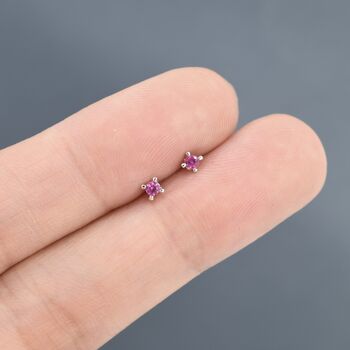 Sterling Silver Extra Tiny 2mm Ruby Pink Cz Stud Earrings, 3 of 12