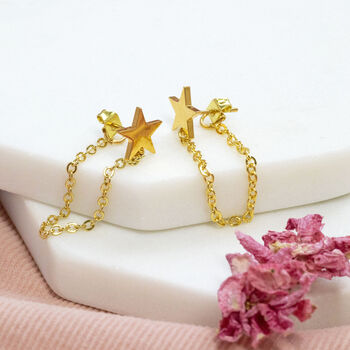 Gold Plated Star Earrings With Chain Drop Detail, 2 of 8