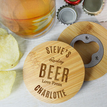 Personalised Free Text Bamboo Bottle Opener Coaster, 3 of 7