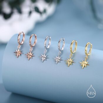 Sterling Silver Tiny Starburst Huggie Hoop Earrings, 2 of 10