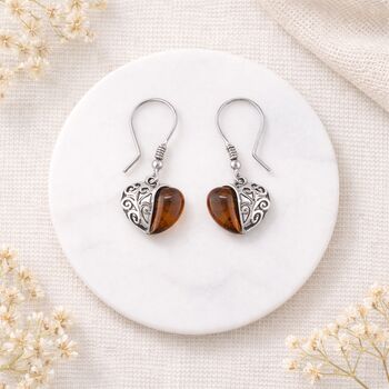 Sterling Silver Baltic Amber Filigree Heart Drop Earrings – 15mm, 2 of 4
