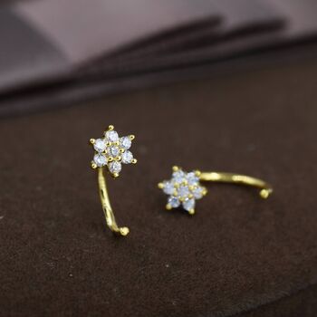 Sterling Silver Clear Cz Flower Huggie Hoop Earrings, 2 of 12