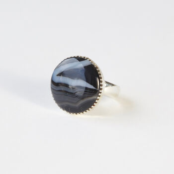 Black Banded Round Agate Gemstone Ring Set In Silver, 5 of 7