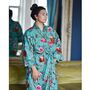 Ladies Teal Exotic Flower Print Cotton Dressing Gown, thumbnail 3 of 5