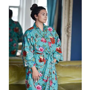 Ladies Teal Exotic Flower Print Cotton Dressing Gown, 3 of 5