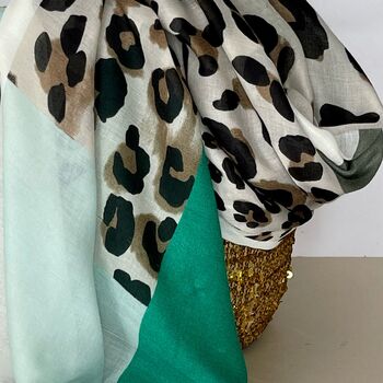 Leopard Print Scarf With Block Border In Green, 2 of 4