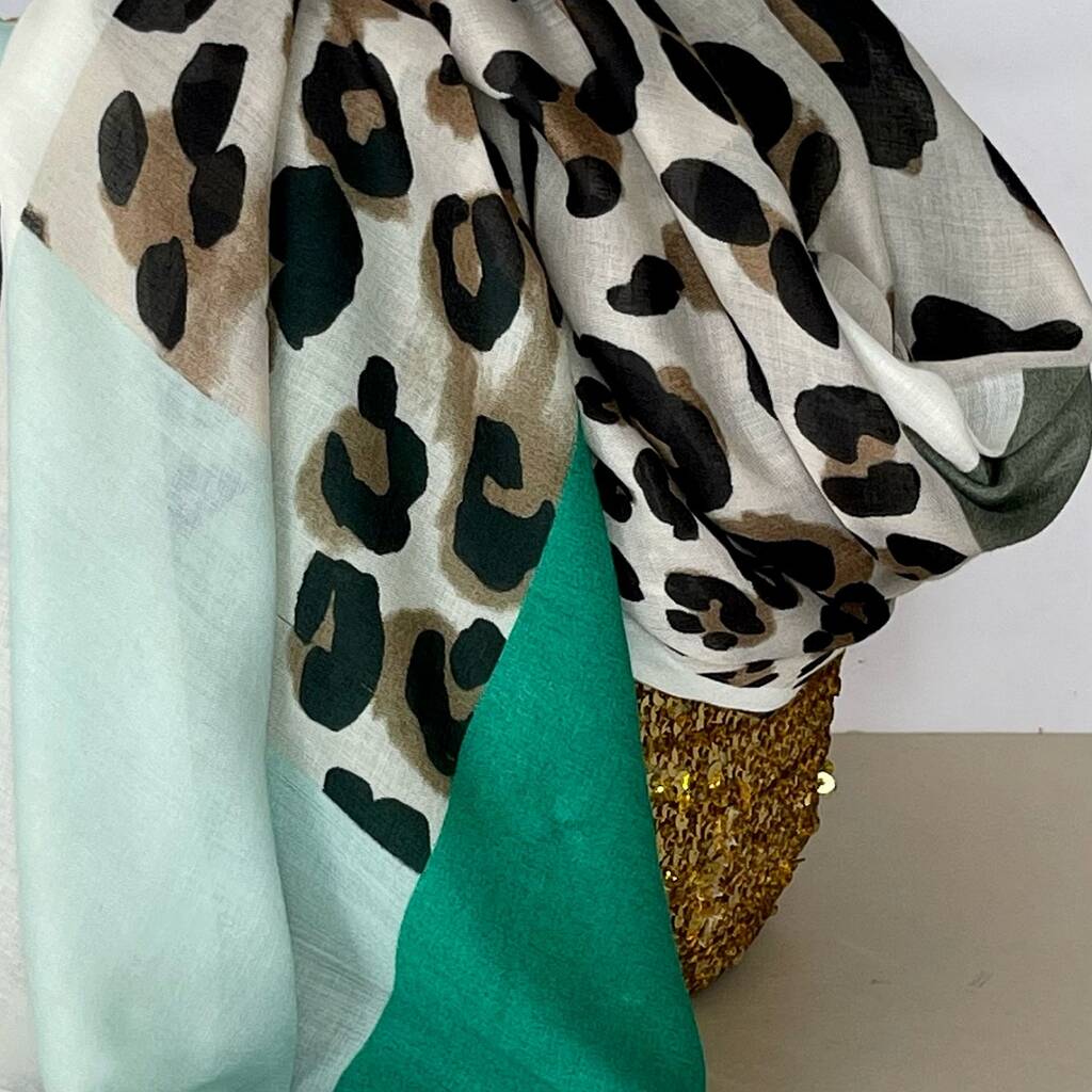 Leopard Print Scarf With Block Border In Green By Nest Gifts