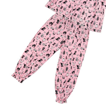 Girls Pink Cotton Summer Pyjama Set Crazy Cat, 5 of 6