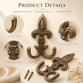 Vintage Brass Fleur De Lis Wall Hooks Set Of Two, 5 of 9