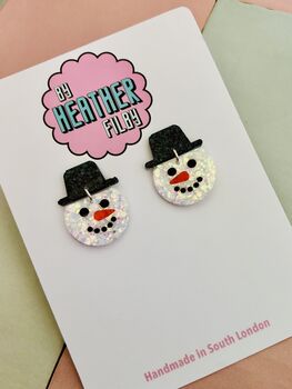White Snowman Glitter Resin Christmas Earrings / Festive Jewellery / Winter Wonderland Jewellery, 6 of 7