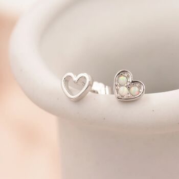 Opal Heart And Open Heart Mismatched Stud Earrings, 2 of 11