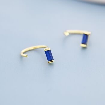 Sapphire Blue Baguette Cut Cz Huggie Hoop Earrings In Sterling Silver, 7 of 11