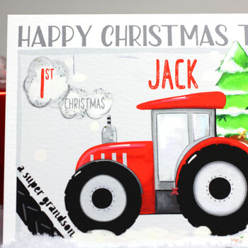 Personalised Red Tractor 1st Christmas Card, 2 of 7