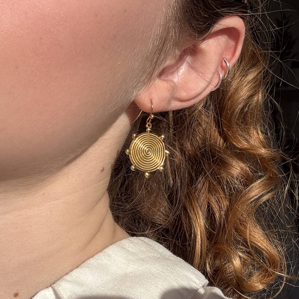 Gold Plated Spiral Disc Earrings With Dots, 1 of 3