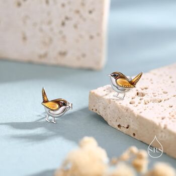 Sterling Silver Tiny Wren Bird Stud Earrings Earrings, 4 of 11