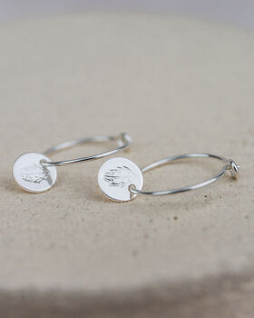 Sterling Silver Circle Leaf Charm Hoops, 2 of 3