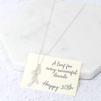 Sterling Silver And Cubic Zirconia 50th Birthday Leaves Necklace, 2 of 5