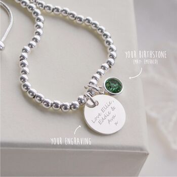 Sterling Silver Ball Slider Bracelet Personalised Mini Disc And Birthstone, 2 of 7