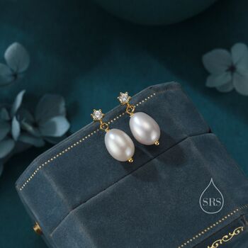 Sterling Silver Genuine Freshwater Pearl And Cz Drop Earrings, 5 of 10