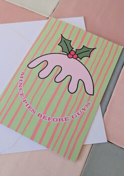 Mince Pies Before Guys Christmas Card – Green And Pink – Blank Inside, 2 of 4