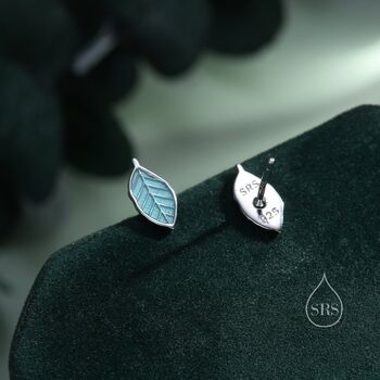 Enamel Beech Leaf Stud Earrings In Sterling Silver, 8 of 11