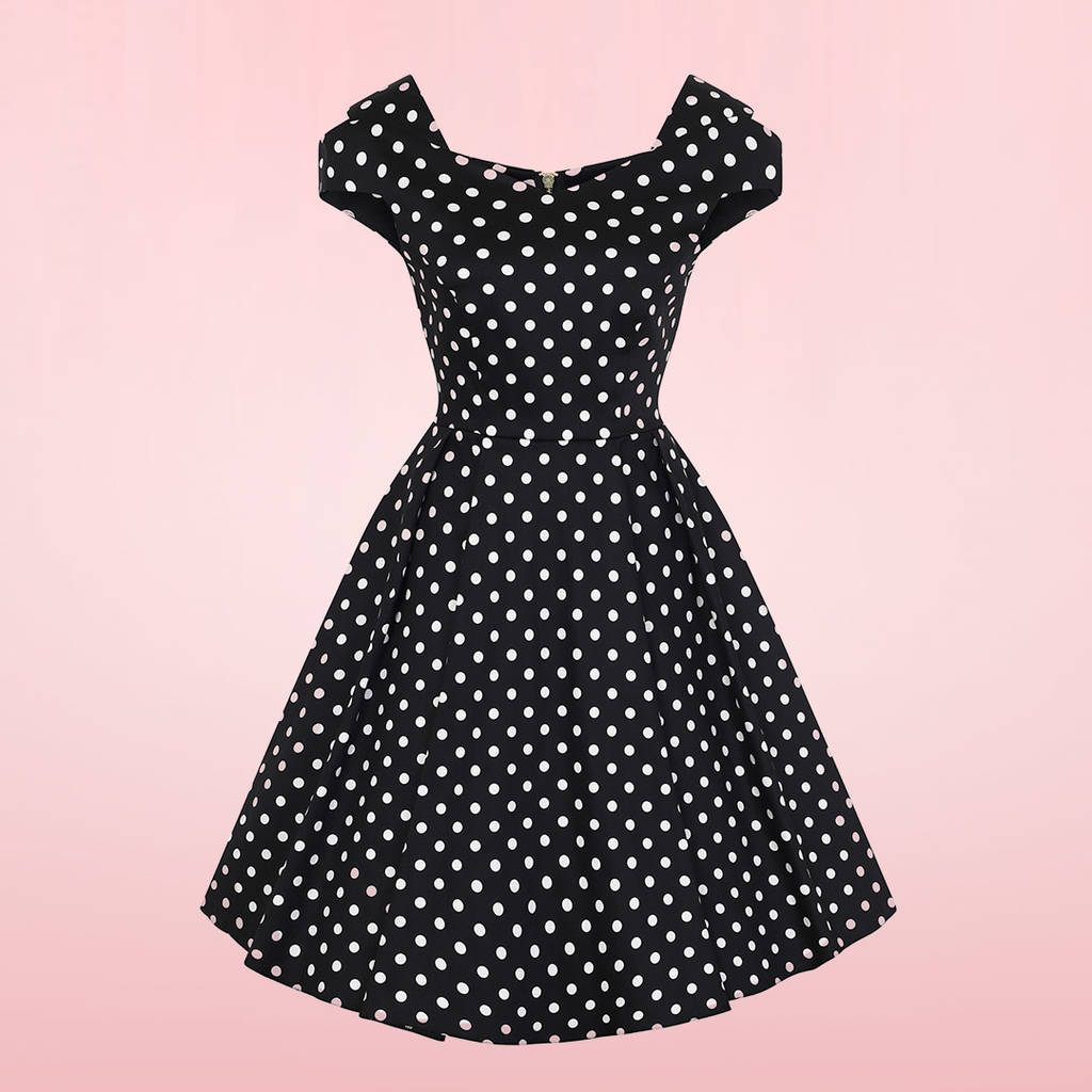 Black Polka Dot Bardot Vintage Swing Tea Dress By Lady Vintage