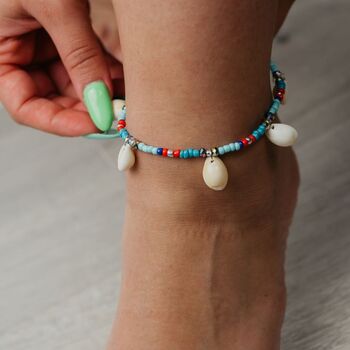 Turquoise Summer Boho Cowrie Shell Anklet, 4 of 4
