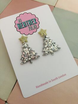 Silver Glitter Christmas Tree With Star Earrings / Festive Jewellery Sparkly Tree With Gold Star / Winter Style Jewellery Shimmering Icy Forest Dangles / Christmas Gift Bold Sparkly Festive Accessories, 3 of 5