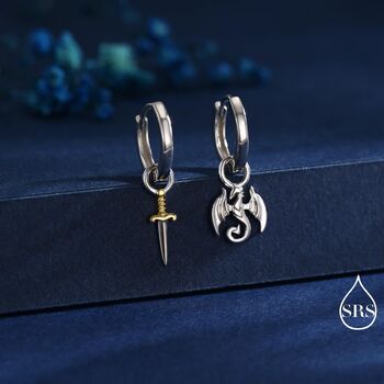 Mismatched Dragon And Sword Huggie Hoops In Sterling Silver, 2 of 10