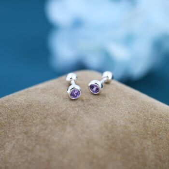 Tiny Amethyst Purple Cz Barbell Earrings, 3 of 9