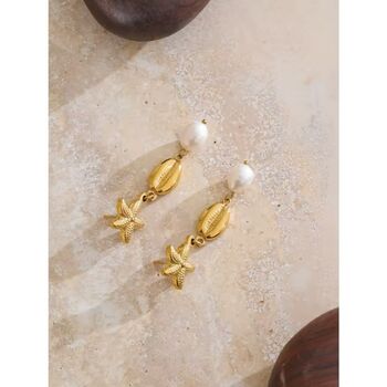 Cannes D'or Gold Pearl Vintage Sea Dangle Earrings, 4 of 4