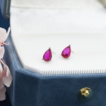 Sterling Silver Ruby Pink Droplet Stud Earrings, 2 of 12