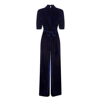 Midnight Blue Retro Style Jumpsuit In Silk Velvet, 4 of 4