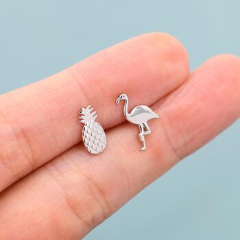 Mismatched Pineapple And Flamingo Stud Earrings In Sterling Silver, 8 of 10